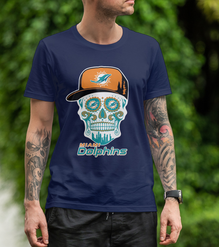 Miami Dolphins Sugar Skull Cap Art T-Shirt