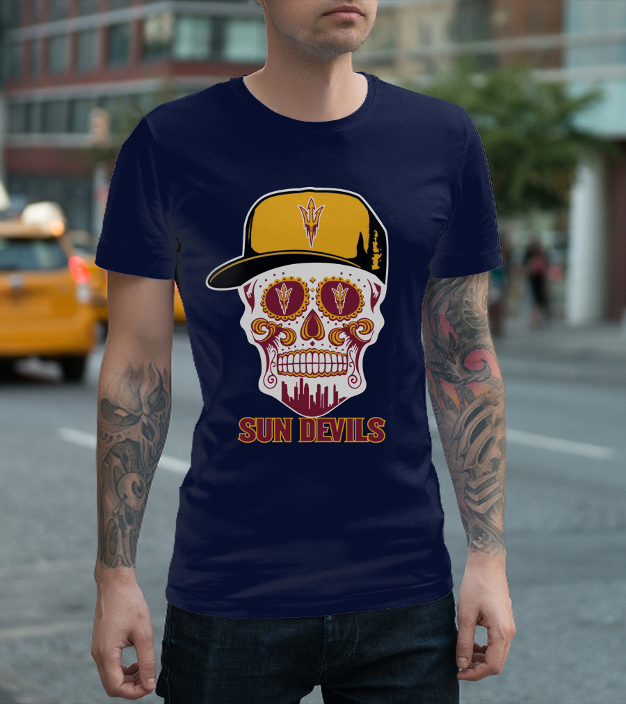 Sun Devils Sugar Skull With Arizona State Emblem Baseball Cap T-Shirt
