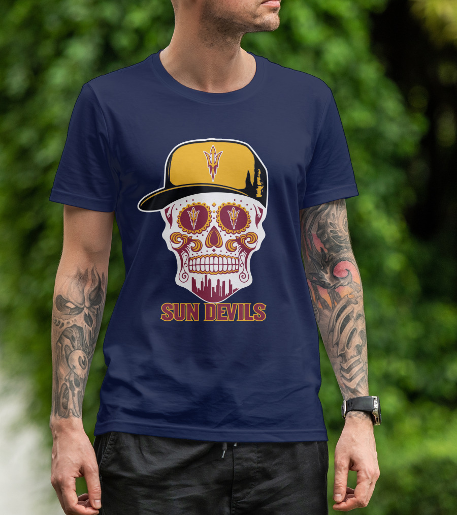 Sun Devils Sugar Skull With Arizona State Emblem Baseball Cap T-Shirt