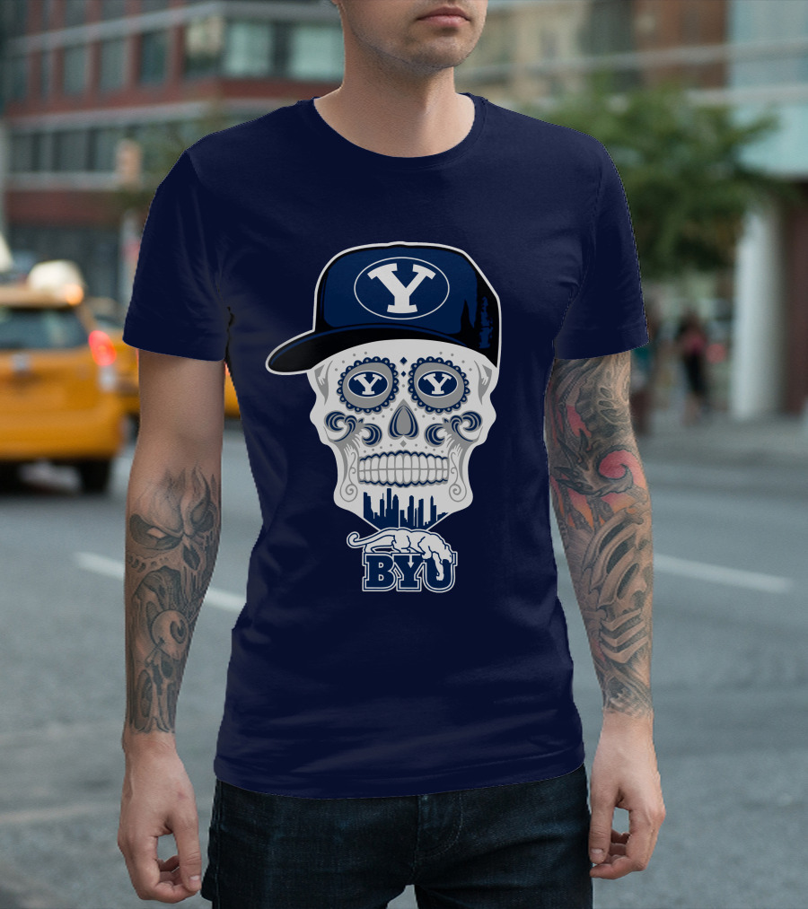 Byu Cougars Skull With Y Hat And Cityscape T-Shirt