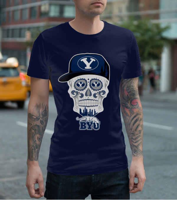 Byu Cougars Skull With Y Hat And Cityscape T-Shirt