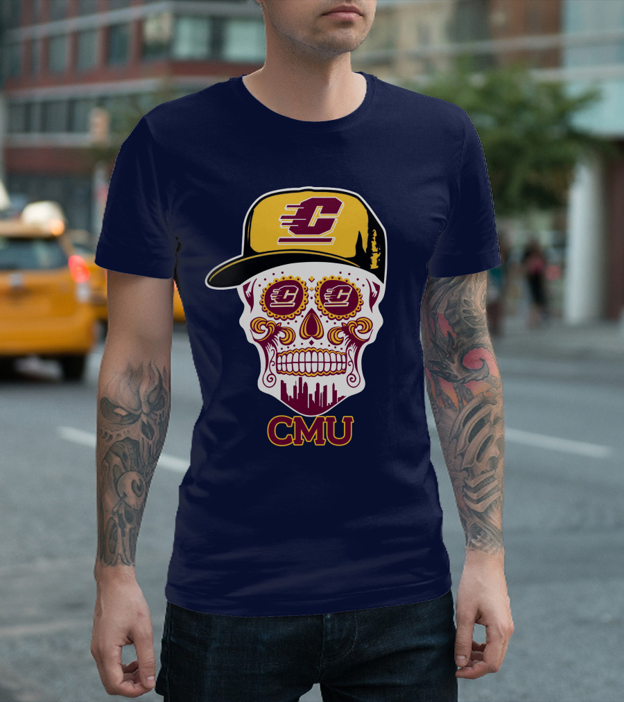 Cmu Central Michigan Chippewas Skull Logo With Cap And City Skyline T-Shirt