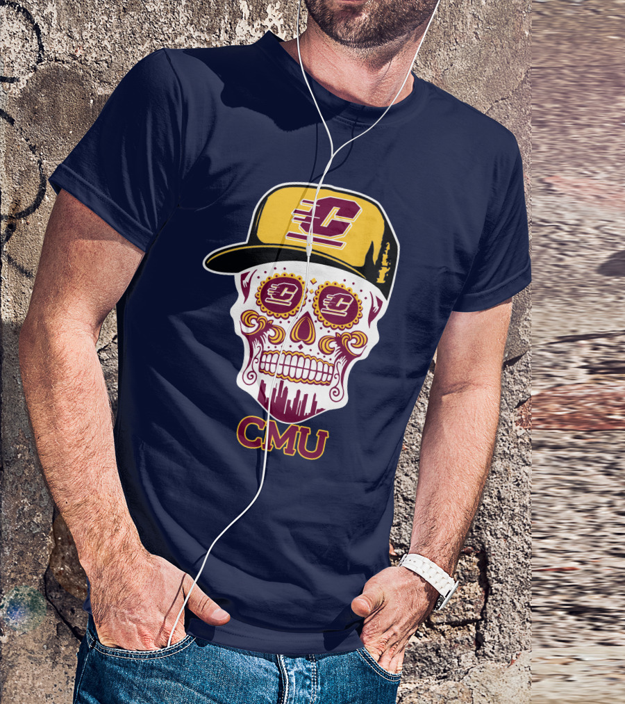 Cmu Central Michigan Chippewas Skull Logo With Cap And City Skyline T-Shirt
