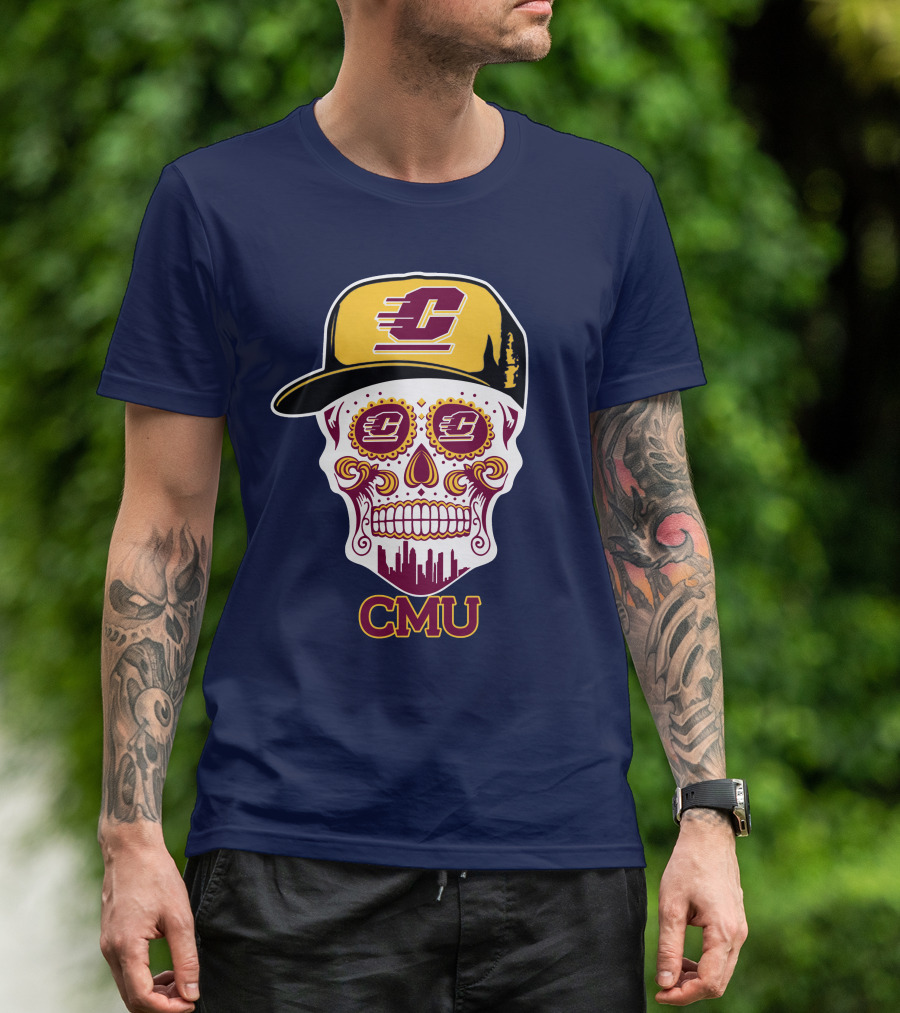 Cmu Central Michigan Chippewas Skull Logo With Cap And City Skyline T-Shirt