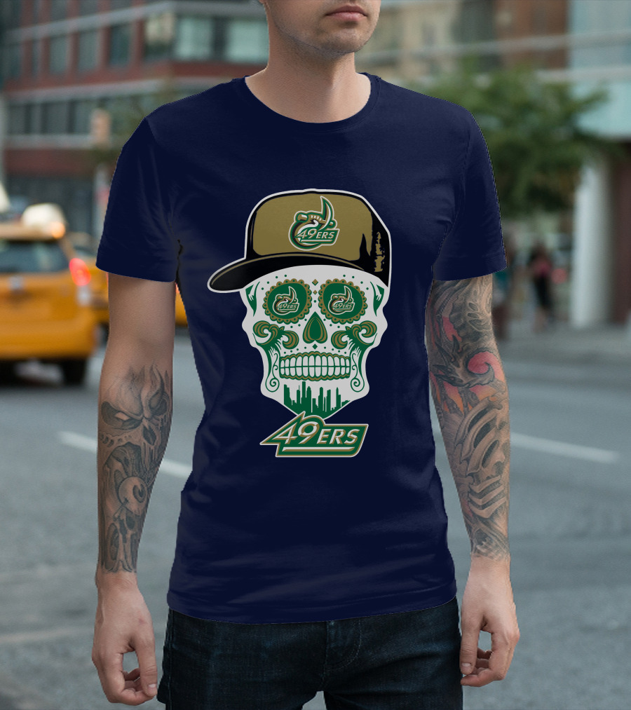 Charlotte 49ers Sugar Skull Green And Gold Logo With Hat T-Shirt