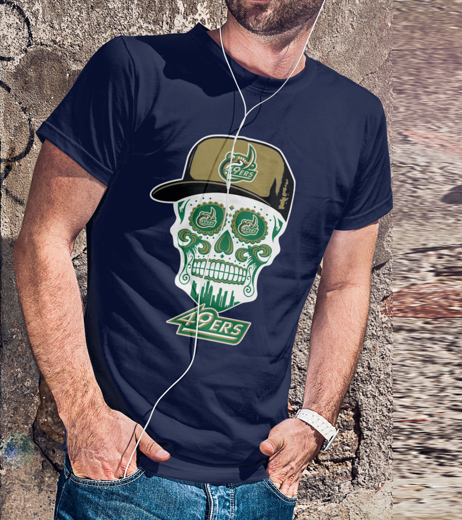 Charlotte 49ers Sugar Skull Green And Gold Logo With Hat T-Shirt