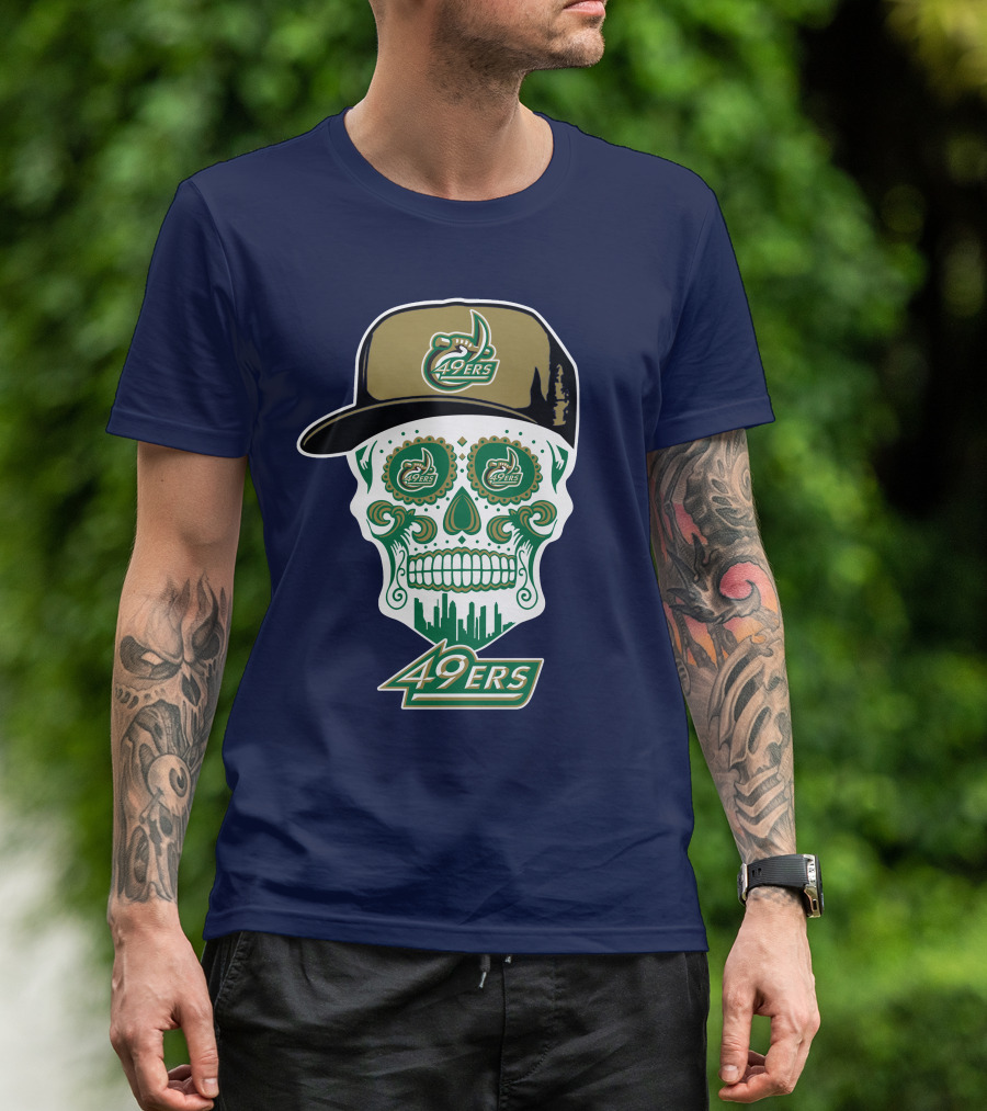 Charlotte 49ers Sugar Skull Green And Gold Logo With Hat T-Shirt
