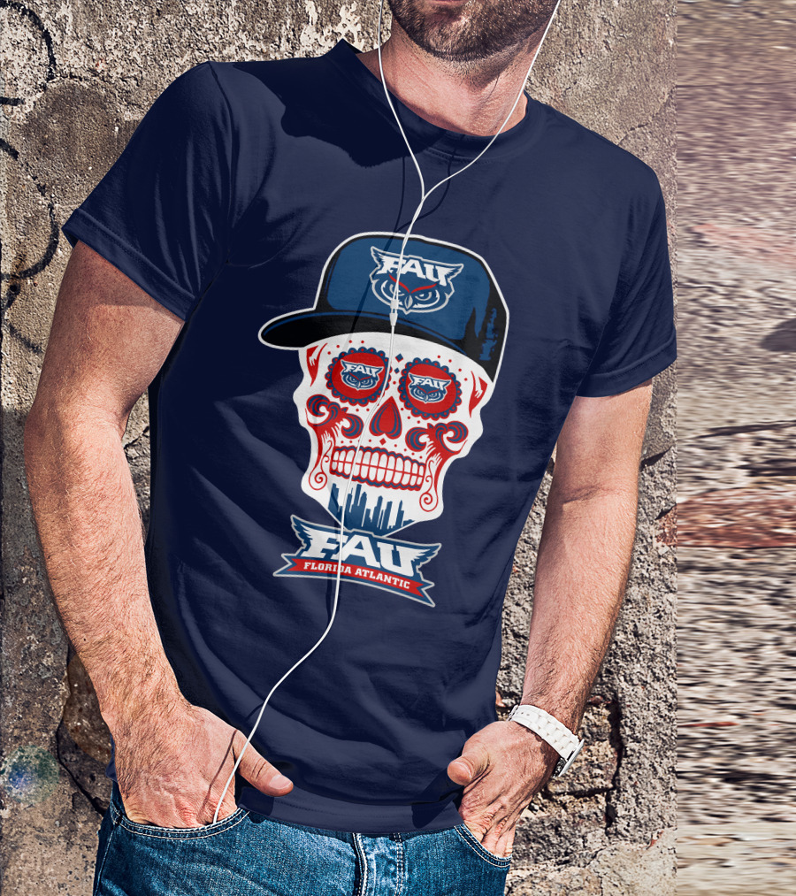 Fau Florida Atlantic Owls Sugar Skull With Cap T-Shirt