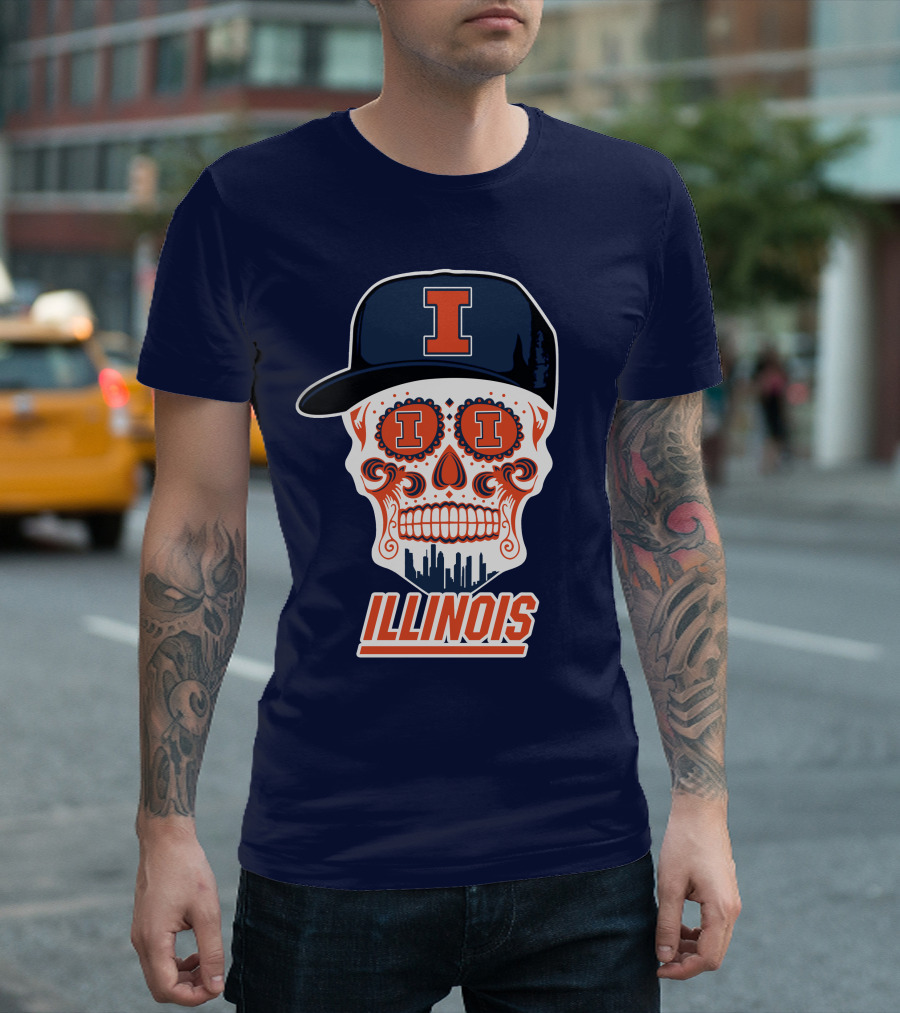 Illinois Fighting Illini Skull With Cap And Skyline T-Shirt