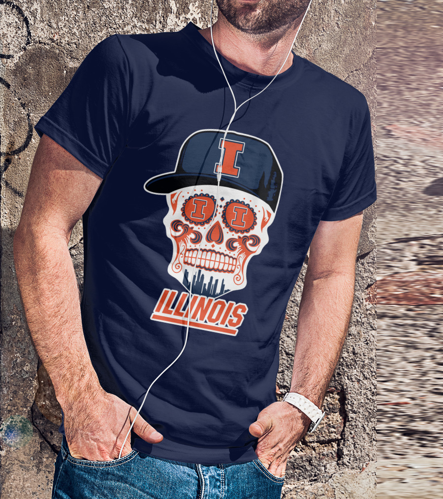 Illinois Fighting Illini Skull With Cap And Skyline T-Shirt