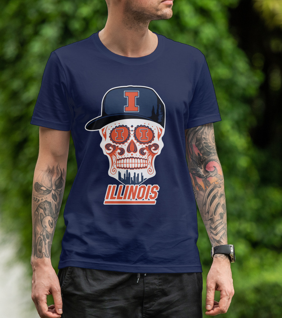 Illinois Fighting Illini Skull With Cap And Skyline T-Shirt