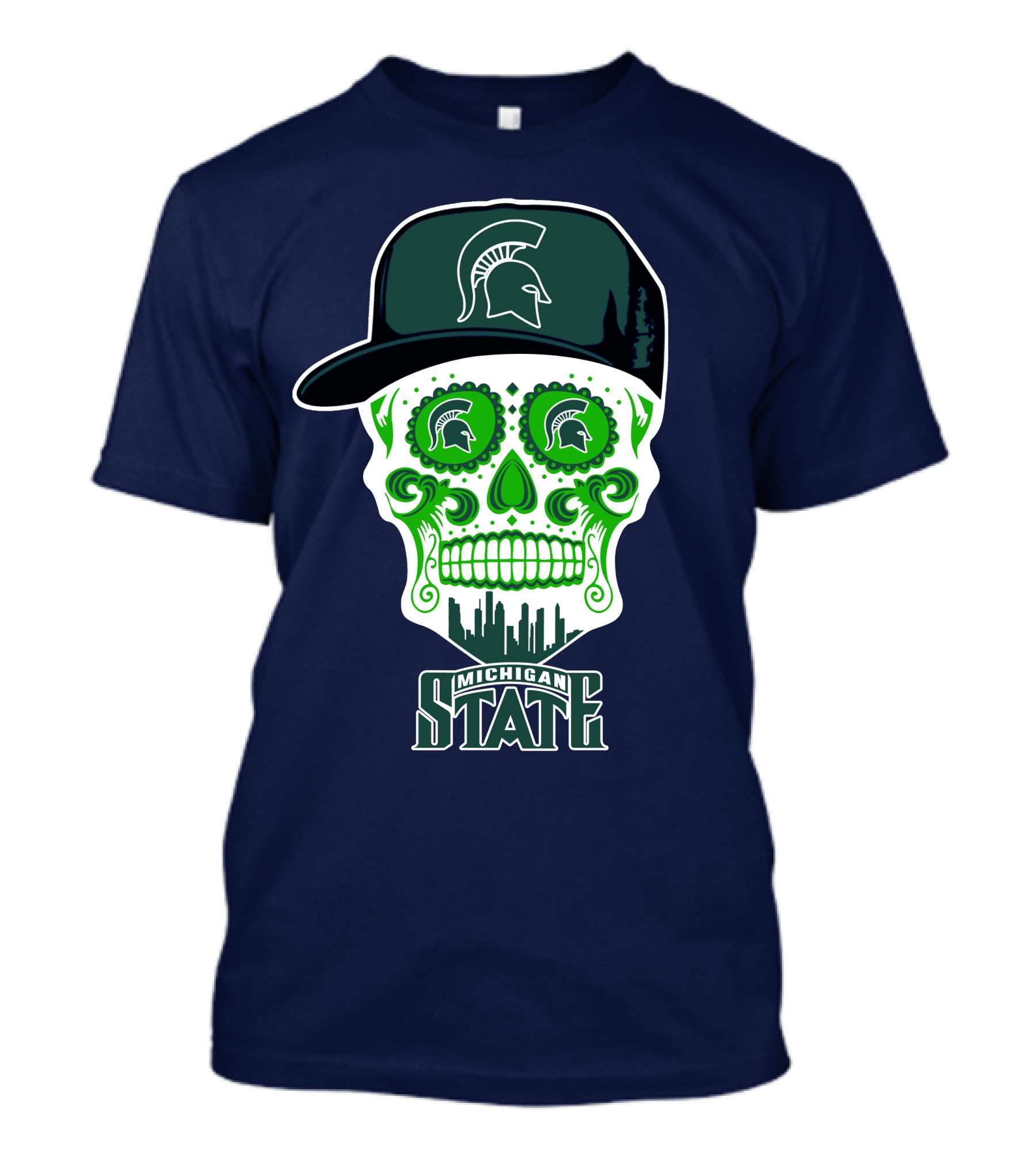Michigan State Spartans Sugar Skull With Spartan Helmet Icon And City Skyline T-Shirt