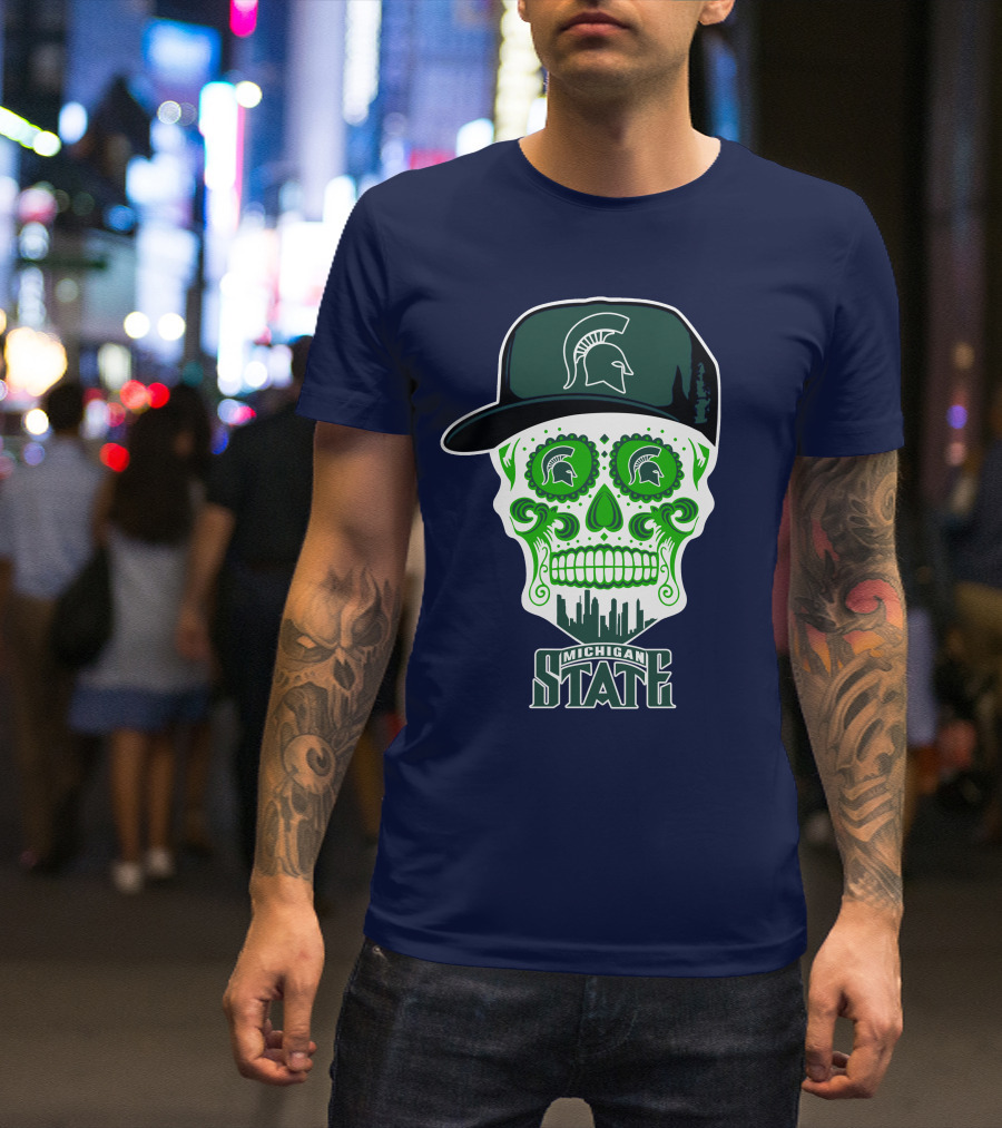 Michigan State Spartans Sugar Skull With Spartan Helmet Icon And City Skyline T-Shirt