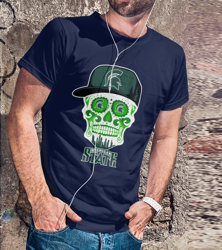 Michigan State Spartans Sugar Skull With Spartan Helmet Icon And City Skyline T-Shirt