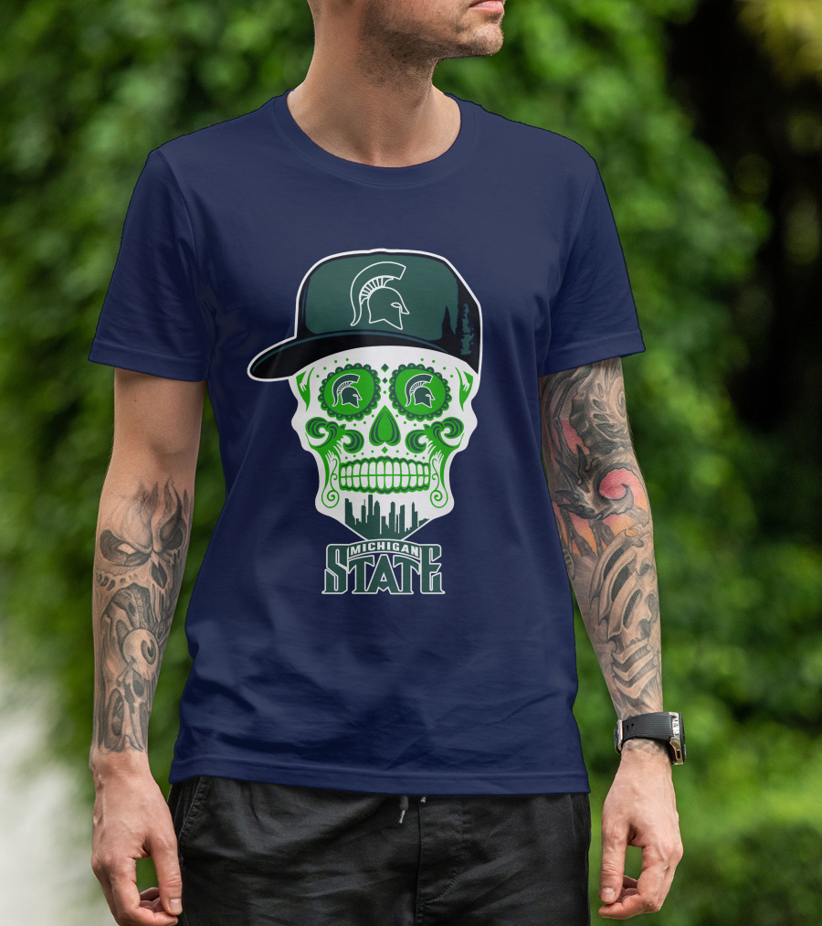 Michigan State Spartans Sugar Skull With Spartan Helmet Icon And City Skyline T-Shirt