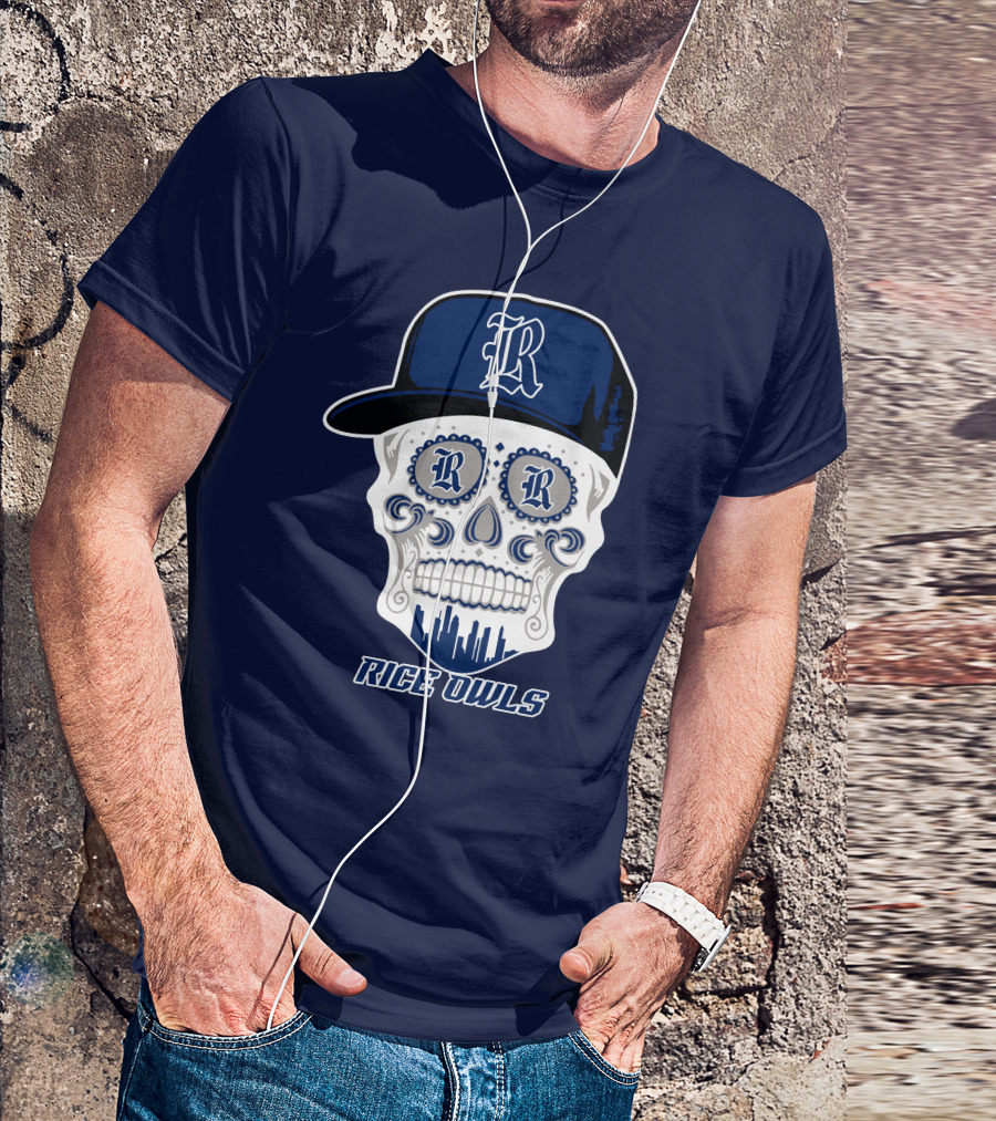Rice Owls Skull With Cap And City Skyline T-Shirt