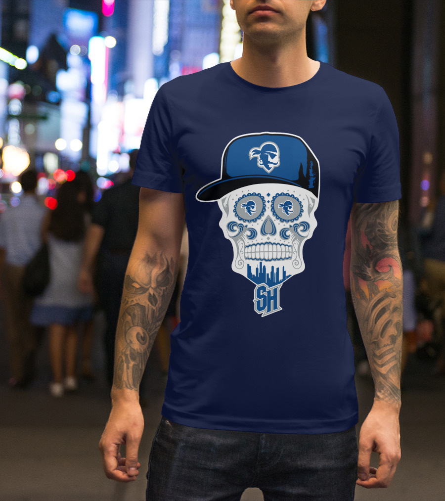 Seton Hall Pirates Sugar Skull Design With Pirate Cap And Sh T-Shirt