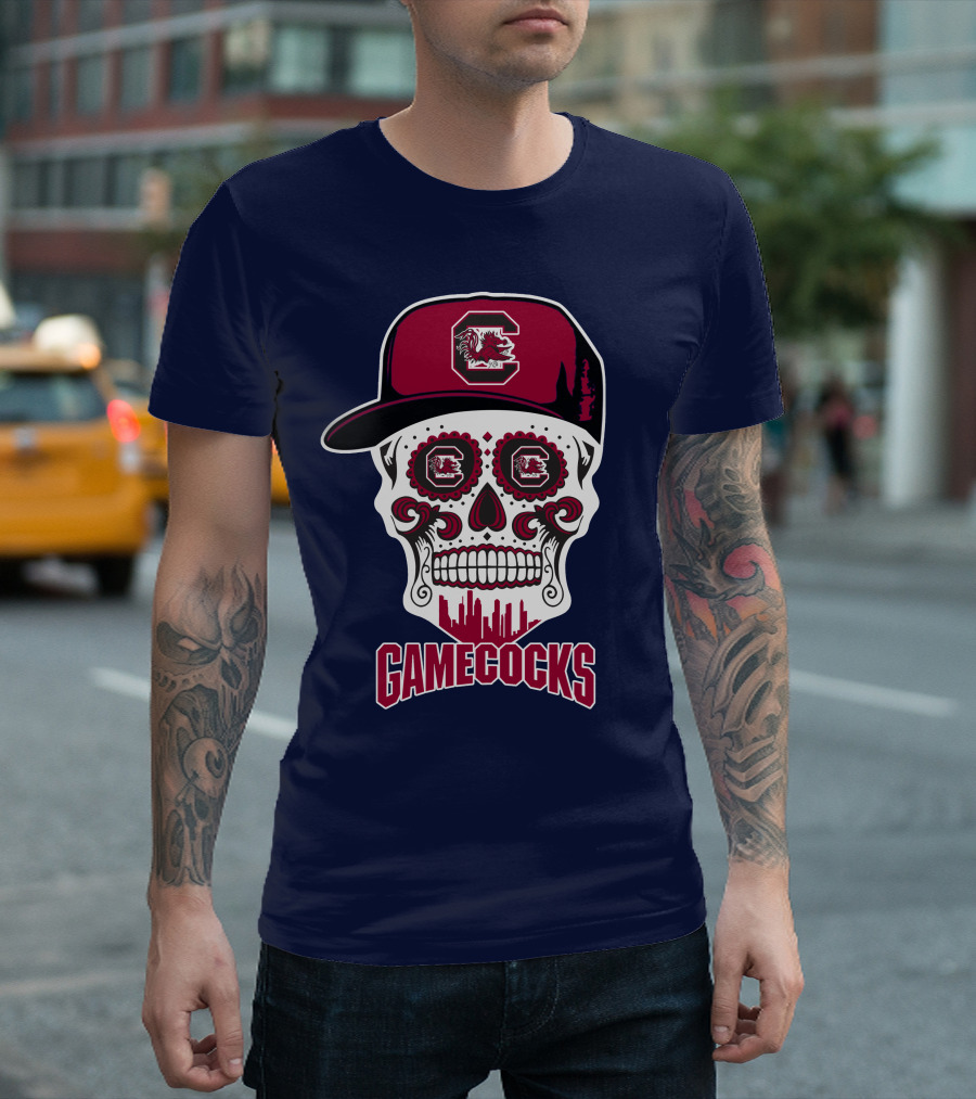 South Carolina Gamecocks Skull Design With Hat And Icons T-Shirt