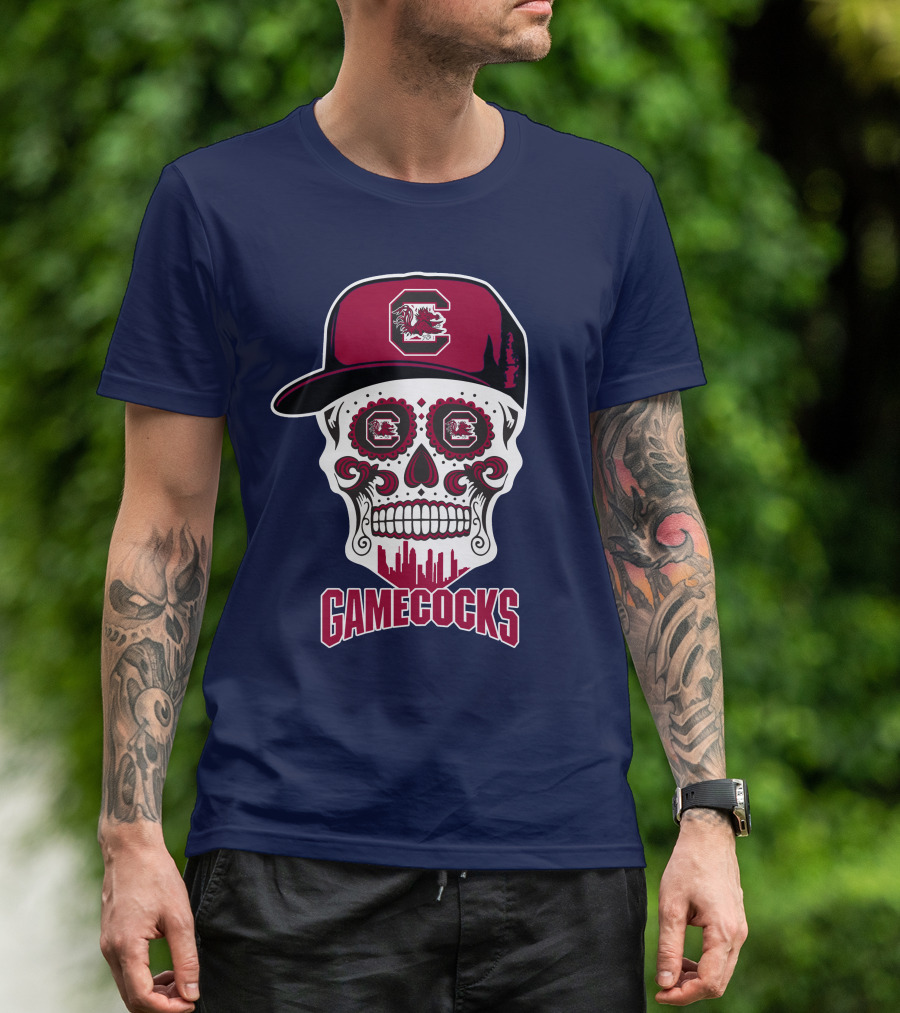 South Carolina Gamecocks Skull Design With Hat And Icons T-Shirt