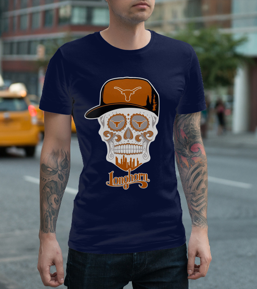 Longhorns Skull With Texas Longhorns Cap And Austin Skyline T-Shirt