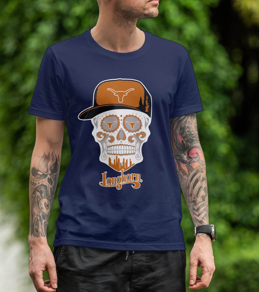 Longhorns Skull With Texas Longhorns Cap And Austin Skyline T-Shirt