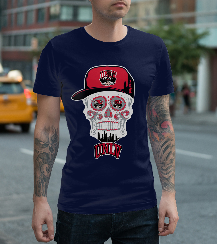 Unlv Rebels Skull With Cap Design Featuring Mascot Logo And Skyline T-Shirt