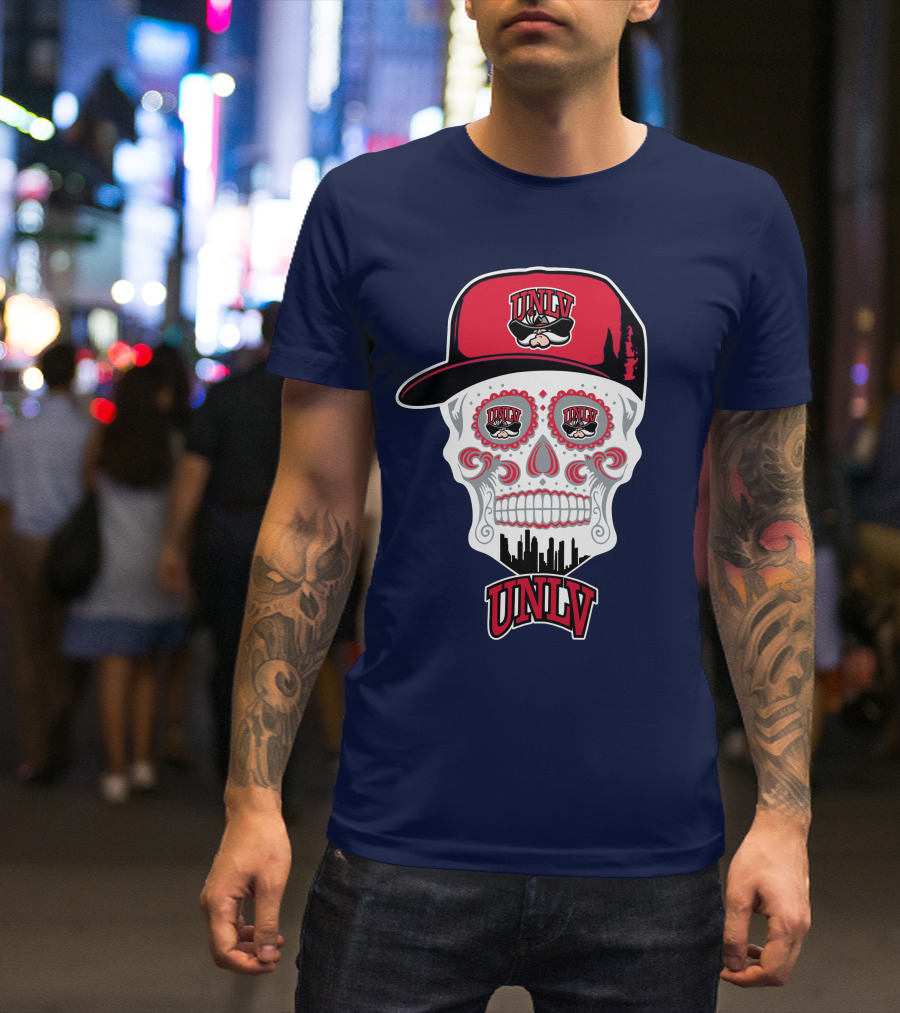 Unlv Rebels Skull With Cap Design Featuring Mascot Logo And Skyline T-Shirt