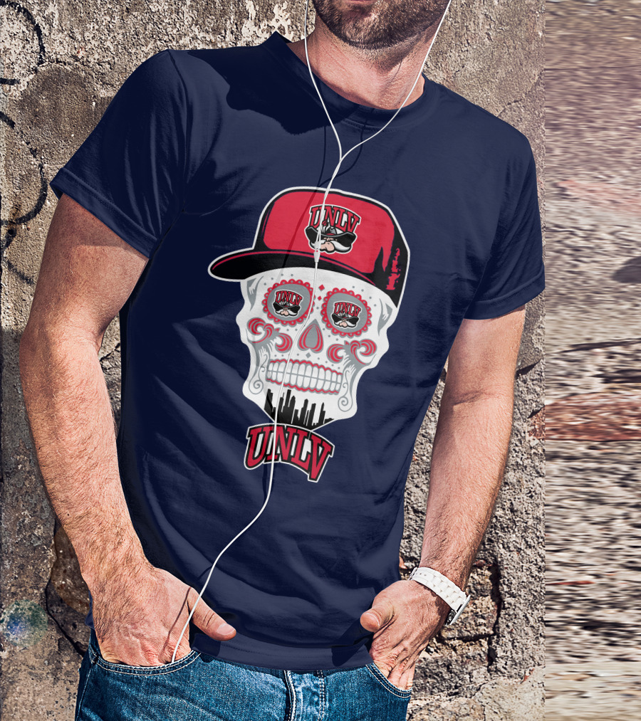 Unlv Rebels Skull With Cap Design Featuring Mascot Logo And Skyline T-Shirt
