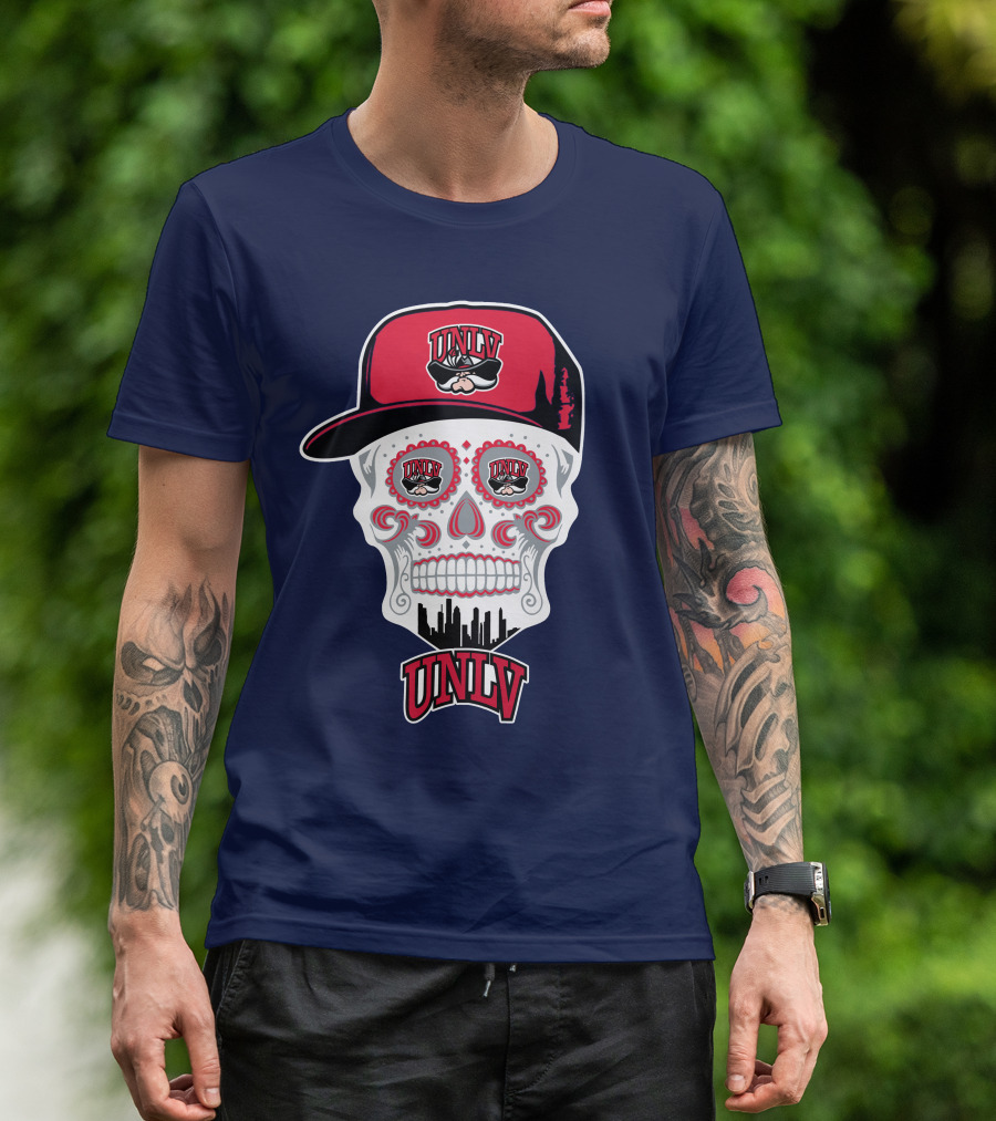 Unlv Rebels Skull With Cap Design Featuring Mascot Logo And Skyline T-Shirt