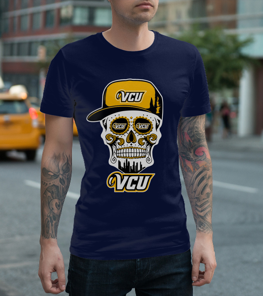 Vcu Rams Dia De Los Muertos Skull With Iconic Cap And Skyline T-Shirt