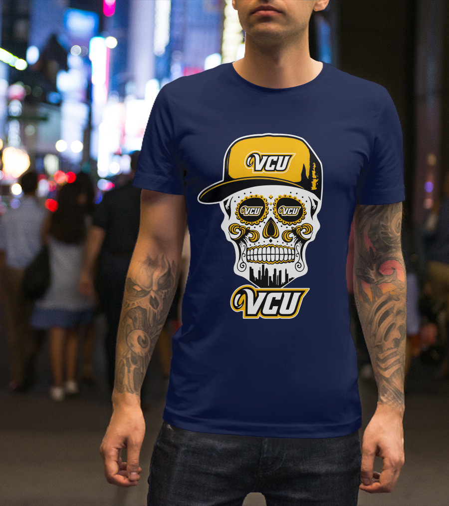 Vcu Rams Dia De Los Muertos Skull With Iconic Cap And Skyline T-Shirt