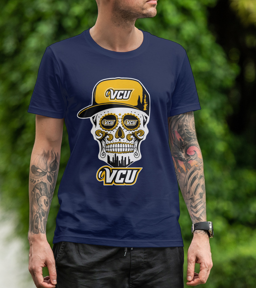 Vcu Rams Dia De Los Muertos Skull With Iconic Cap And Skyline T-Shirt