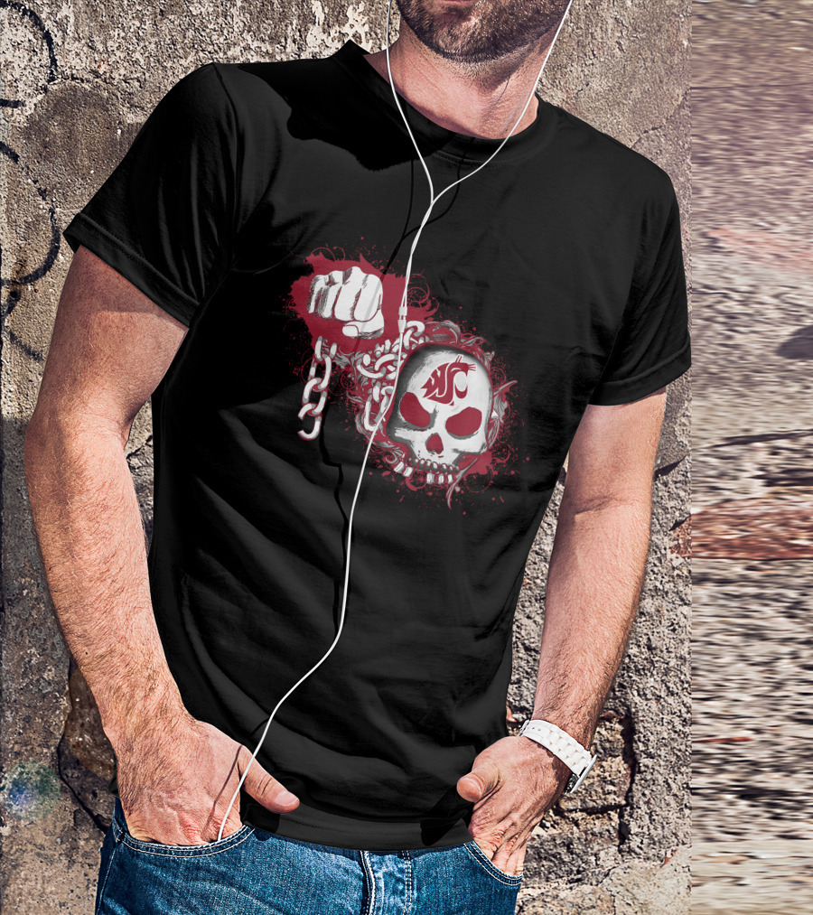 Skull And Fist Chains With Washington State Cougars T-Shirt