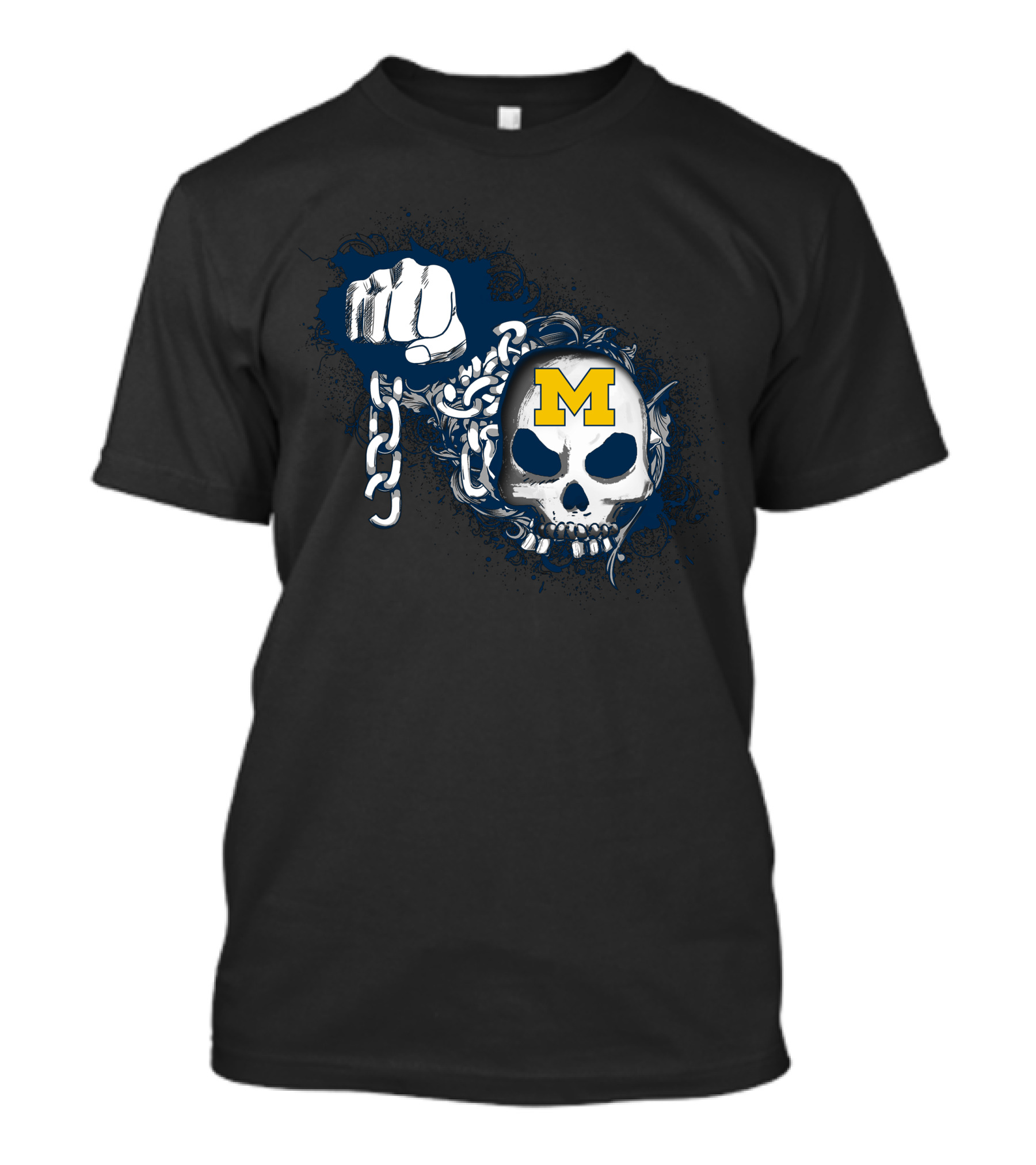 Michigan Wolverines Skull Logo With Chain And Fist T-Shirt