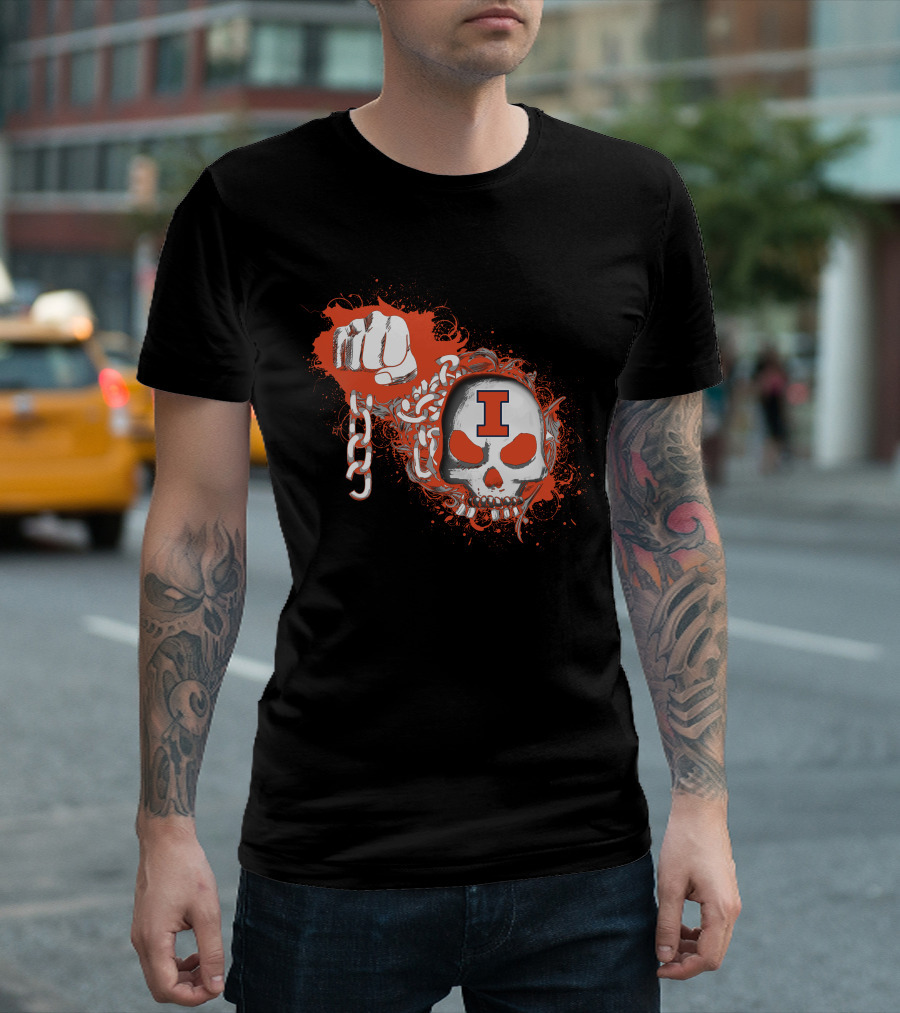 Illinois Fighting Illini Skull And Fist Design With Orange I T-Shirt