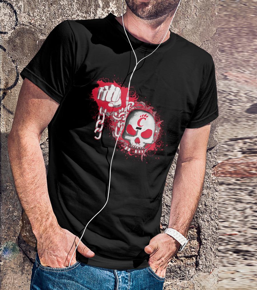 Cincinnati Bearcats Red Fist And Skull With Chains And Paw Print T-Shirt