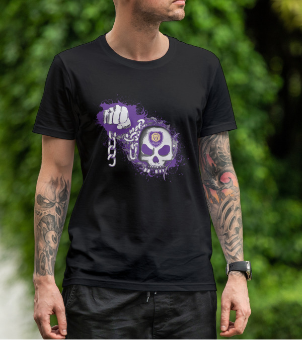 Orlando City Sc Skull Emblem With Purple Fist And Chains T-Shirt
