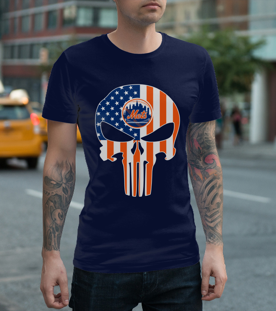 New York Mets Punisher Skull American Flag T-Shirt