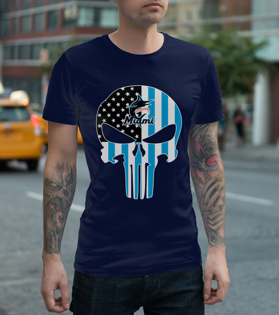 Miami Marlins Punisher Skull American Flag Fusion T-Shirt