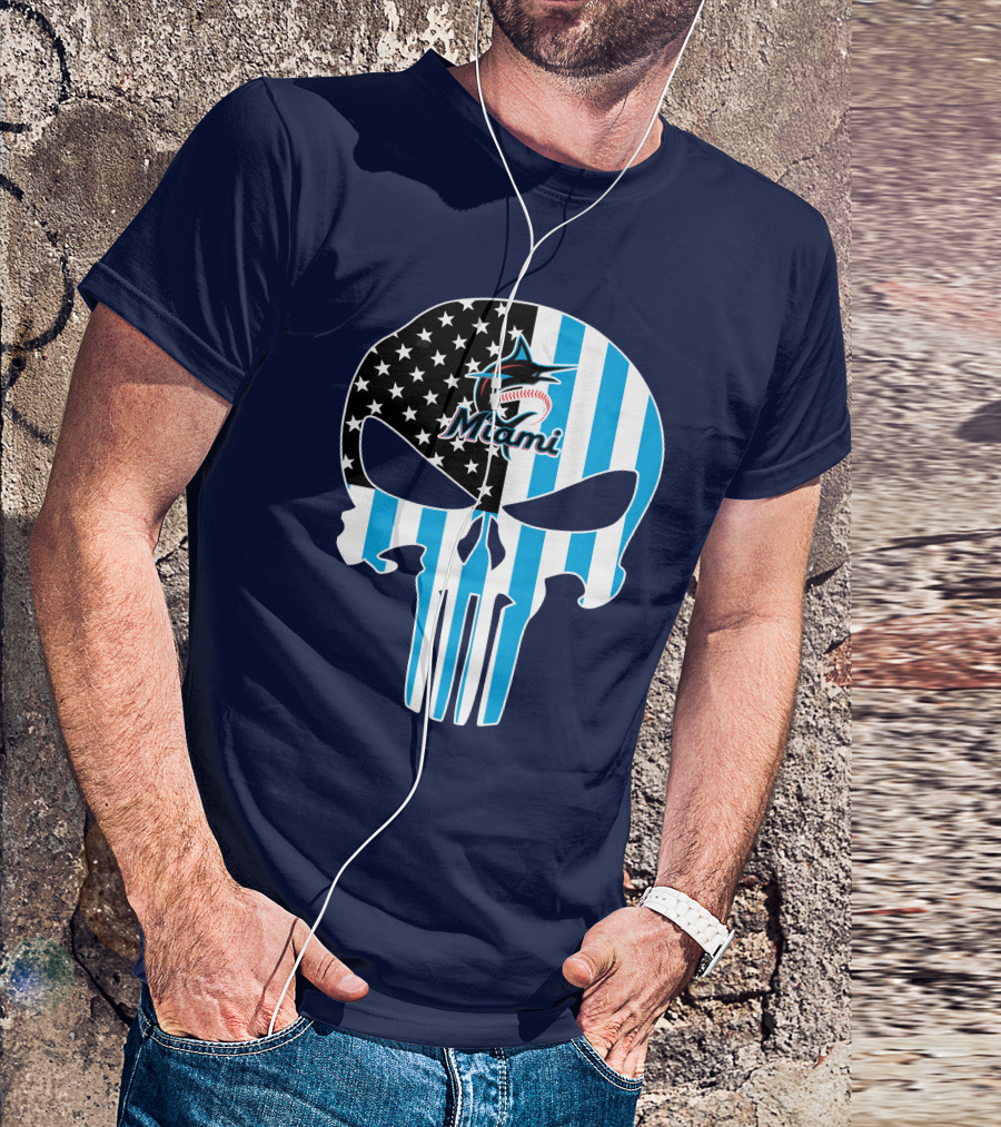 Miami Marlins Punisher Skull American Flag Fusion T-Shirt