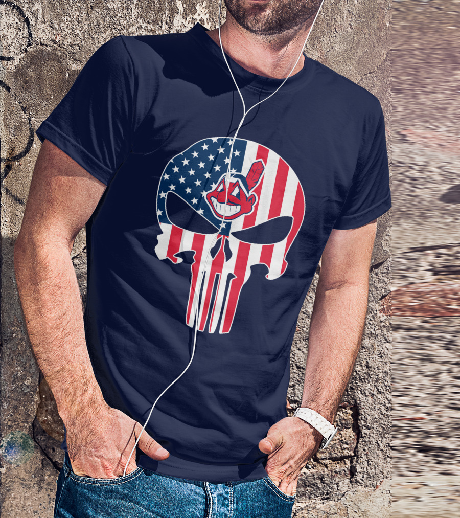 Indians The Punisher Skull American Flag Red White Blue T-Shirt
