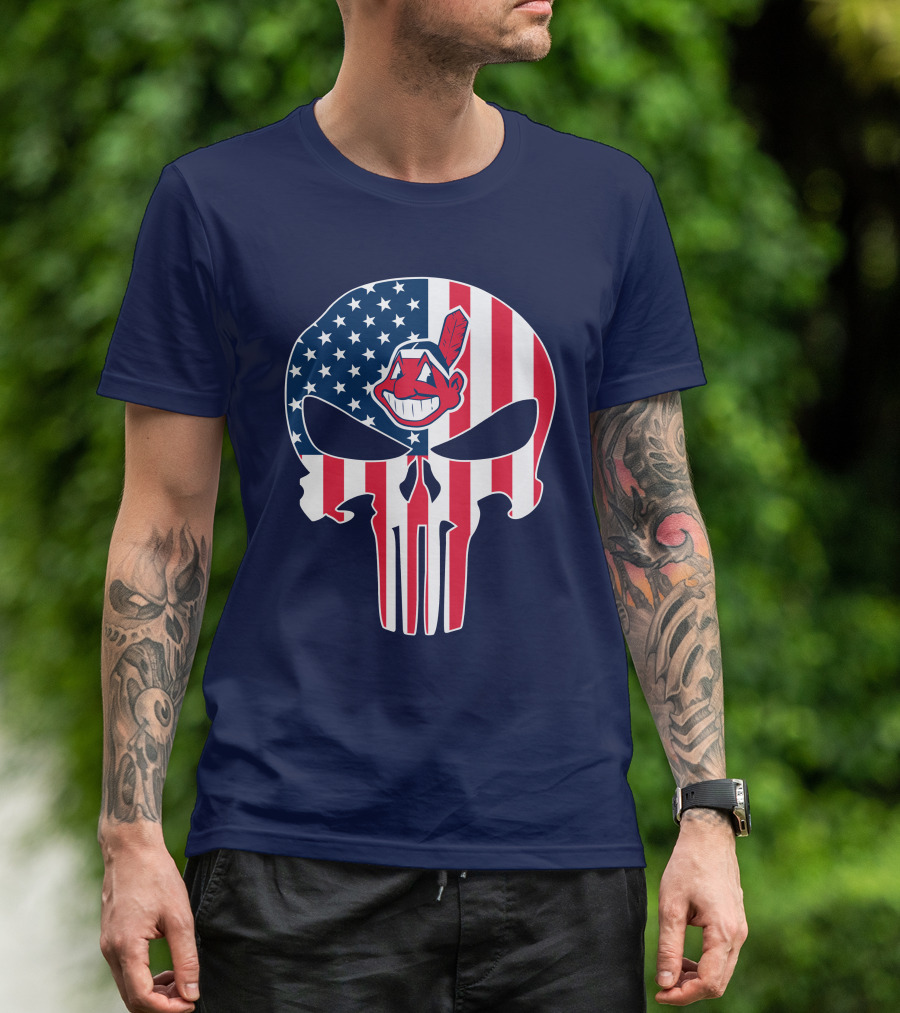 Indians The Punisher Skull American Flag Red White Blue T-Shirt