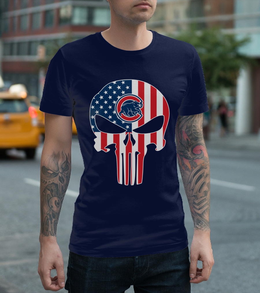 Chicago Cubs American Flag Punisher Skull T-Shirt