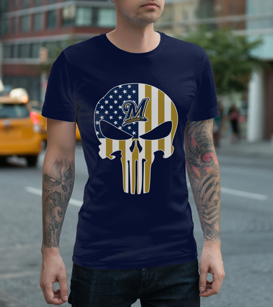 Milwaukee Brewers Punisher Skull American Flag T-Shirt