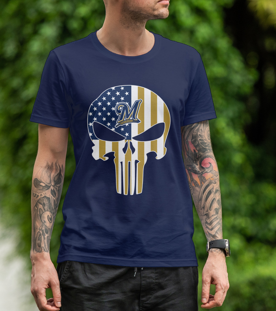Milwaukee Brewers Punisher Skull American Flag T-Shirt