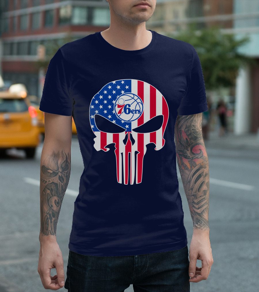 Philadelphia 76ers American Flag Punisher Style Skull T-Shirt