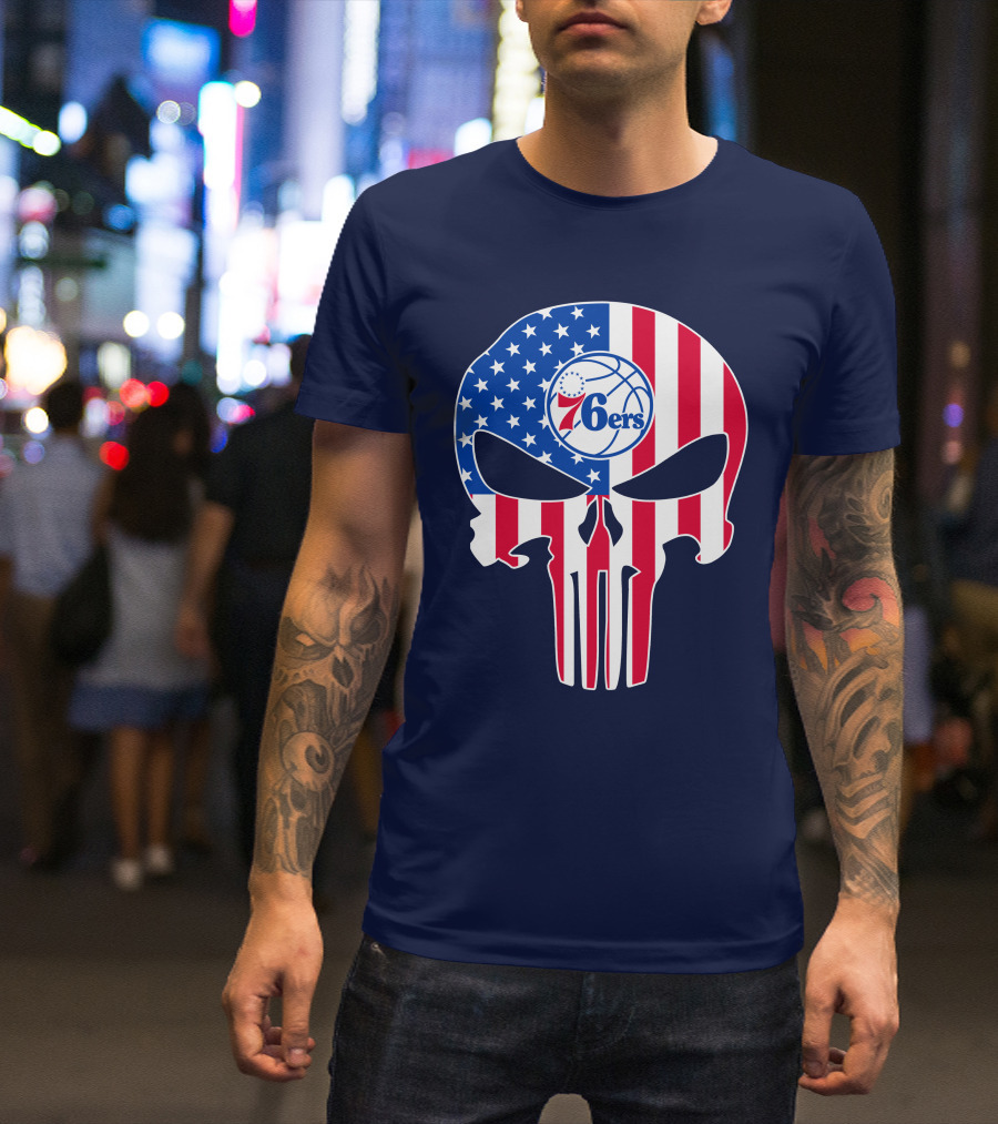 Philadelphia 76ers American Flag Punisher Style Skull T-Shirt
