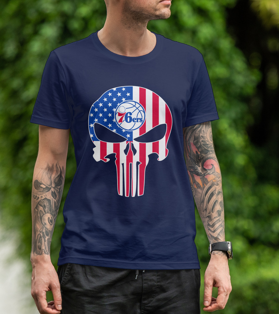 Philadelphia 76ers American Flag Punisher Style Skull T-Shirt