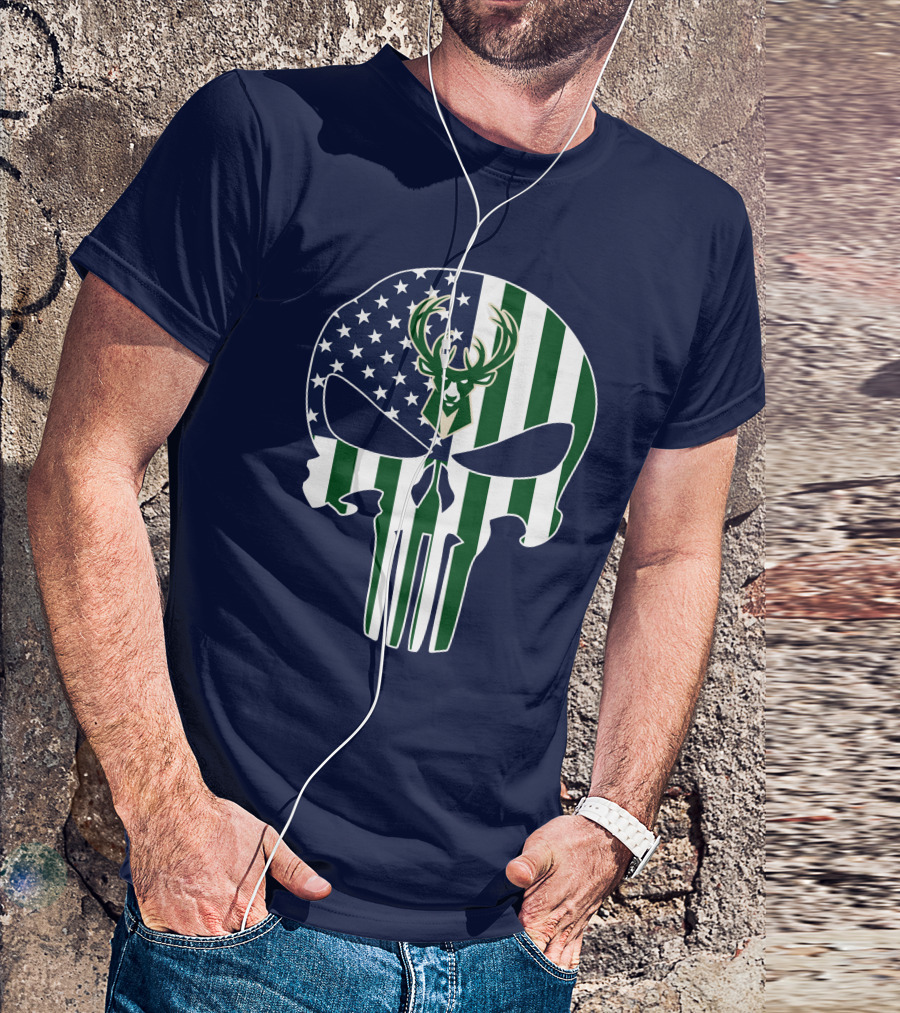 Milwaukee Bucks Punisher Skull American Flag Deer T-Shirt