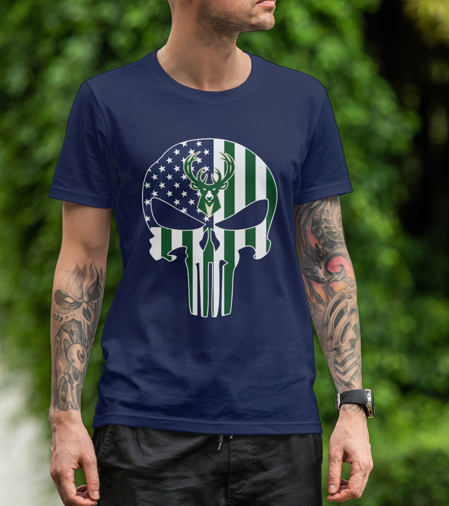 Milwaukee Bucks Punisher Skull American Flag Deer T-Shirt